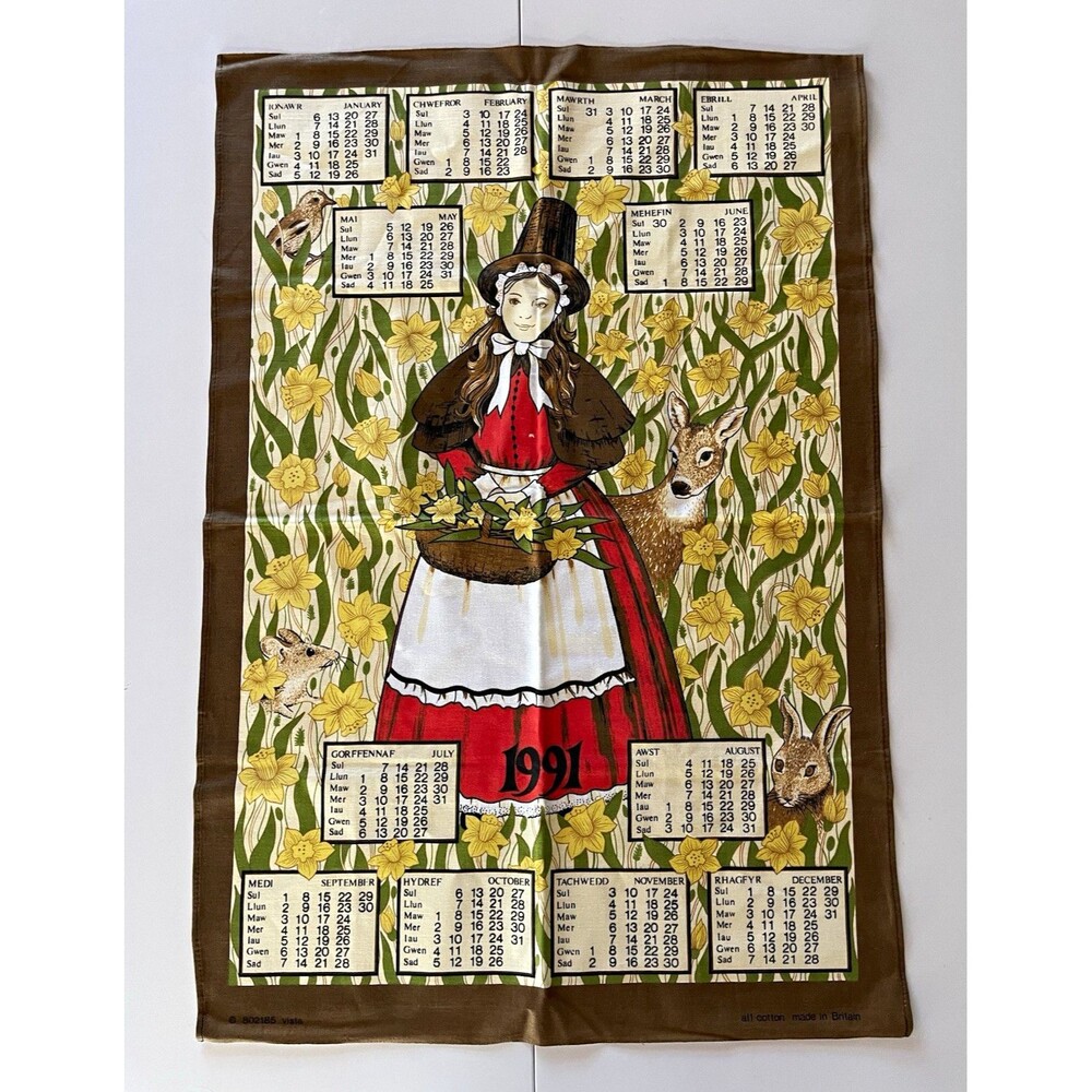 Vintage 1991 Welsh Cotton Calendar Tea Towel with Girl, Animals, and Daffodils